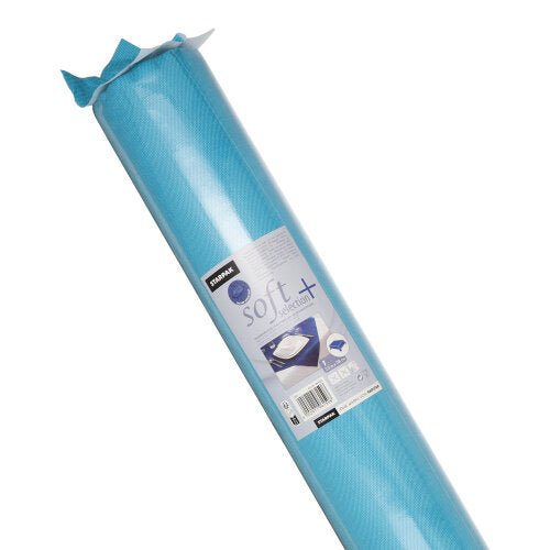 A rolled blue Starpak tablecloth, fabric-like, fleece "soft selection plus", in plastic packaging with a label featuring product information and mattress images, indicating a durable, fabric-like quality.