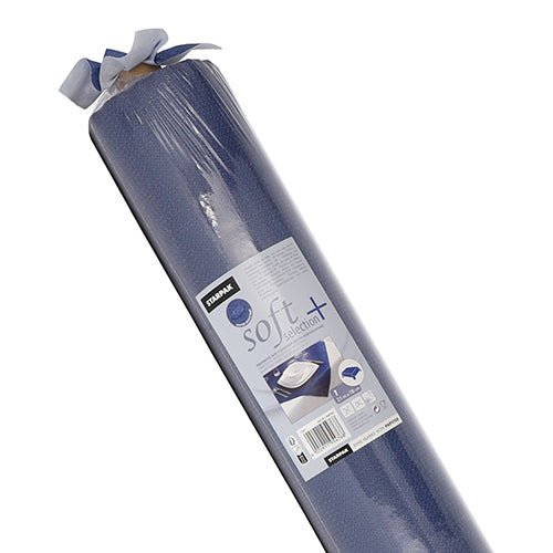 A rolled-up, blue fabric-like tablecloth with a label reading "Starpak", the name "tablecloth, fabric-like, fleece 'soft selection plus'", and an image of a set table.