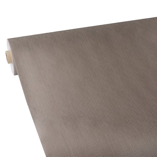 A roll of Starpak tablecloth, fabric-like, fleece "soft selection plus" in light brown is partially unrolled on a white surface, with the durable core of this Starpak tablecloth visible on the left.
