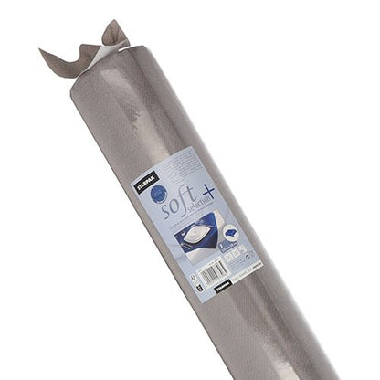 A roll of gray, non-slip Starpak tablecloth, fabric-like fleece "soft selection plus" is shown partially unrolled, with a product label of the Starpak brand and the series name "soft selection plus".