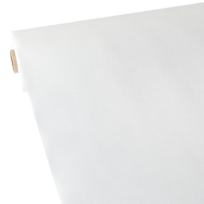 The Starpak tablecloth, fabric-like, fleece “soft selection” shows a smooth texture and clean edges when partially unrolled, with the cardboard core on the left side.