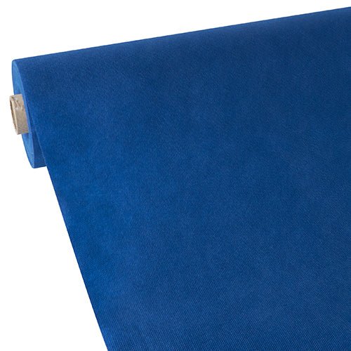 A close-up of the Starpak tablecloth in blue with a soft, fleece-like texture and a small beige label, rolled up against a plain white background.