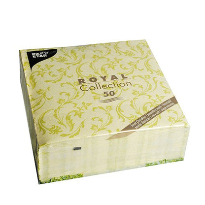 A package with 50 green PAPSTAR napkins "ROYAL Collection" (40 x 40 cm, 1/4-fold), ideal for festive occasions. The packaging features the black PAPSTAR logo in the upper left corner. Brand: PAPSTAR GmbH.