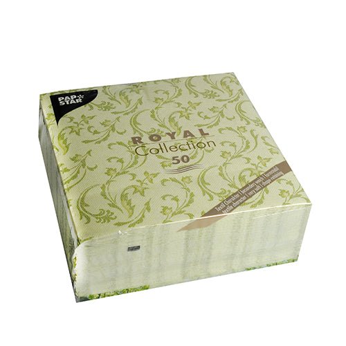 A square box with 50 napkins "ROYAL Collection" 1/4-fold from PAPSTAR GmbH, size 40 x 40 cm, in green.