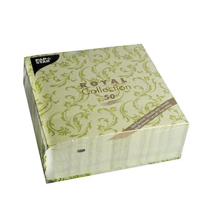 A square box with 50 napkins "ROYAL Collection" 1/4-fold from PAPSTAR GmbH, size 40 x 40 cm, in green.