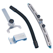 Four components for the Fixomat for TASKI vacumat 44T from Diversey Deutschland GmbH & Co. OHG, including a flexible hose, a curved rod with knobs, a bracket, and a flat piece, are neatly arranged on a white background.