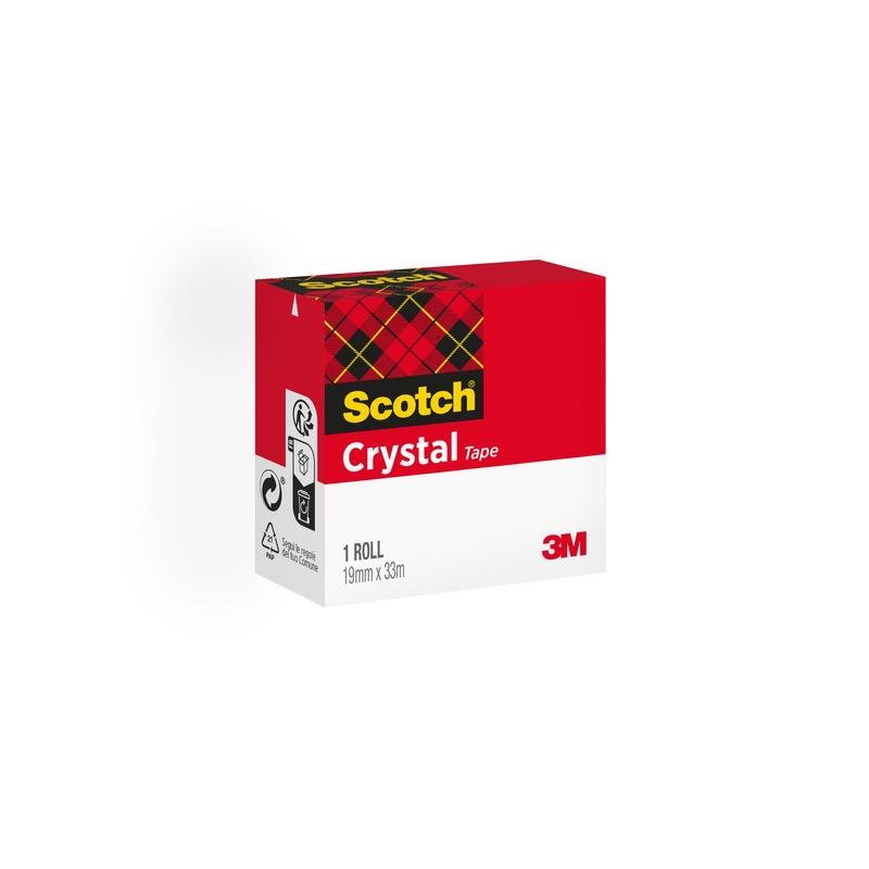 A box of Scotch® Crystal Tape by 3M Deutschland GmbH, transparent, 1 roll (19 mm x 33 m), with red and white design plus plaid pattern. Recycling and product symbols on the side - ideal for office supplies.