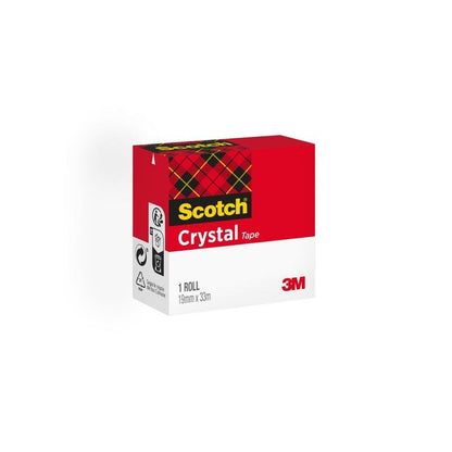 A box of Scotch® Crystal Tape by 3M Deutschland GmbH, transparent, 1 roll (19 mm x 33 m), with red and white design plus plaid pattern. Recycling and product symbols on the side - ideal for office supplies.