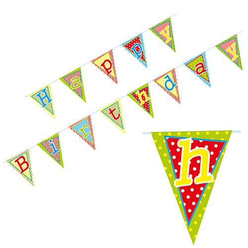 The PAPSTAR bunting "Happy Birthday" (4 m, lacquered paper) from PAPSTAR GmbH consists of colorful triangle pennants with different patterns and colors, each showing a letter for "Happy Birthday".