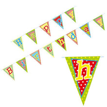The PAPSTAR bunting "Happy Birthday" (4 m, lacquered paper) from PAPSTAR GmbH consists of colorful triangle pennants with different patterns and colors, each showing a letter for "Happy Birthday".