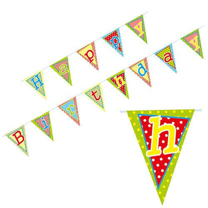 The PAPSTAR bunting "Happy Birthday" (4 m, lacquered paper) from PAPSTAR GmbH consists of colorful triangle pennants with different patterns and colors, each showing a letter for "Happy Birthday".
