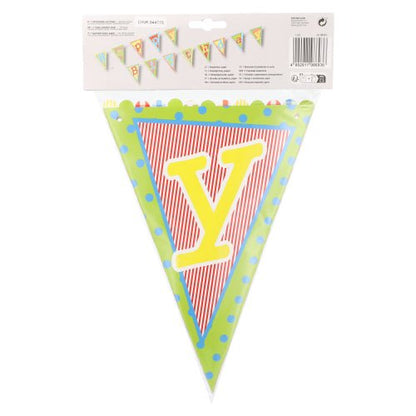 PAPSTAR GmbH bunting "Happy Birthday": 4m long banner in red/white stripes with yellow lettering and colorful edges - ideal birthday decoration. Made from lacquered paper, 1 piece per package.