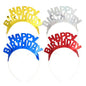 4-piece set of plastic headbands "Metallic" from PAPSTAR GmbH with the inscription "HAPPY BIRTHDAY" in yellow, silver, blue, and red - ideal for parties. Arranged in two rows. Product name: PAPSTAR 4 headbands color assorted "Metallic".