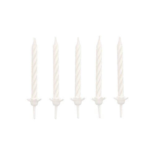 Five unlit white PAPSTAR birthday candles 6 cm with holder (PAPSTAR GmbH, blister pack of 24 pieces) are arranged in a straight horizontal line on a solid white background.