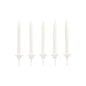 Five unlit white PAPSTAR birthday candles 6 cm with holder (PAPSTAR GmbH, blister pack of 24 pieces) are arranged in a straight horizontal line on a solid white background.