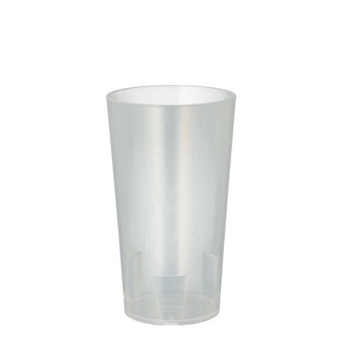 A simple, translucent Starpak 10 reusable drinking cup from Starpak stands upright on a white surface. The empty cup has a simple, conical design and is therefore ideal for multiple uses.