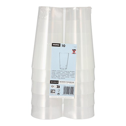 The product "Starpak 10 reusable drinking cup" from the brand Starpak features ten stackable, durable cups made of clear plastic in environmentally friendly packaging with a blue-white label arranged standing.