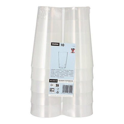 The product "Starpak 10 reusable drinking cup" from the brand Starpak features ten stackable, durable cups made of clear plastic in environmentally friendly packaging with a blue-white label arranged standing.