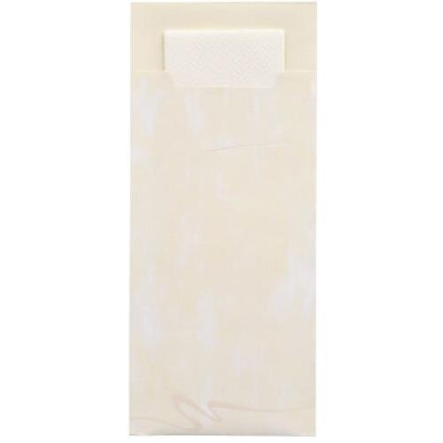 A cream-colored PAPSTAR GmbH 520 cutlery bag (20x8.5cm, 2-ply) with a rectangular flap is partially open, revealing a matching napkin inside; the smooth surface has subtle color variations.