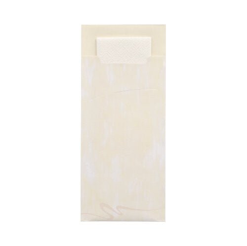 A cream-colored PAPSTAR 520 cutlery bag (20 cm x 8.5 cm, 2-ply) from PAPSTAR GmbH stands upright, the textured flap is partially open, revealing the matching napkin. The background is plain white.