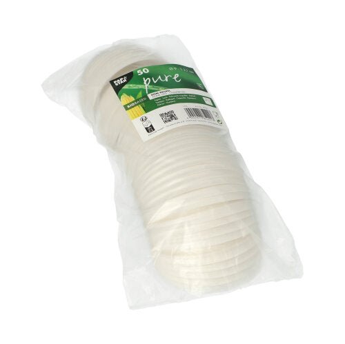 A stack of 50 white PAPSTAR C-PLA round lids (2.1 cm high) from PAPSTAR GmbH, neatly packaged with recycling and composting symbols, offers an eco-friendly, biodegradable solution.