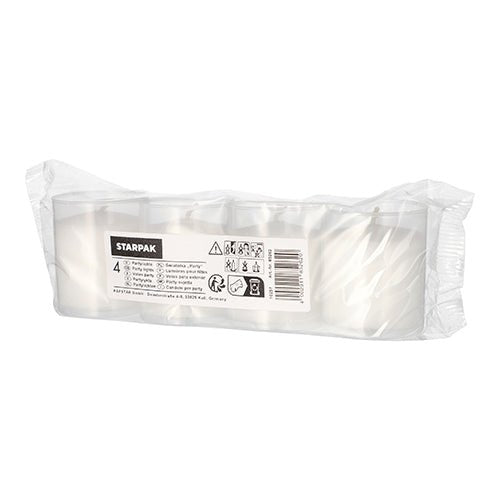 A transparent plastic packaging contains 4 white Starpak party light candles (Ø 5 cm, 6.5 cm) in a row. The label shows product information, safety symbols, and a barcode – perfect for special occasions or as party lights.