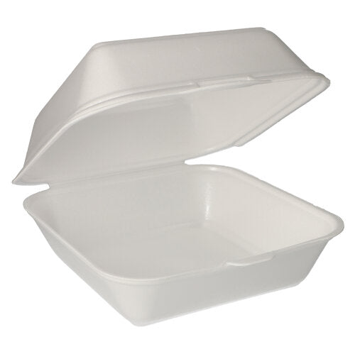 In front of a plain background is a white XXL Starpak hamburger box (XPS, 11x20x20 cm, laminated) with a hinged lid from the Starpak 100 set depicted.