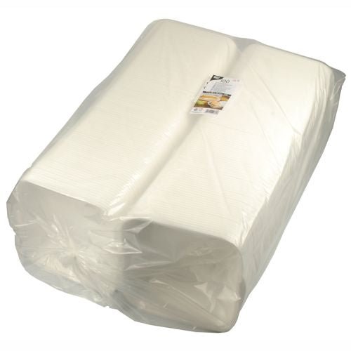 A large XXL package with 100 white Starpak hamburger boxes (XPS, 11x20x20 cm, laminated) wrapped in plastic foil with a top label featuring product information and a food image; ideal for serving with expanded polystyrene containers.