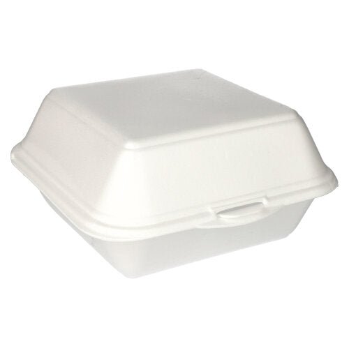 A closed Starpak 100 hamburger box with a hinged lid made of white laminated XPS (XXL, 11x20x20cm), shown at an angle against a neutral background, individually displayed.