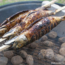 Two whole Steckerlfische are skewered on PAPSTAR grill skewers "pure" 80 cm (20 pieces) from PAPSTAR GmbH and grilled over glowing charcoal, with the skin charring and becoming crispy over the glowing coals.