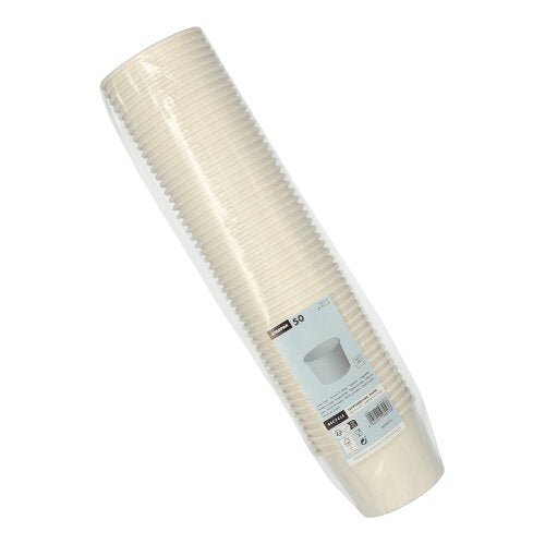 A stack of 50 Starpak soup cups, cardboard "To Go" round white, wrapped in transparent plastic with a blue and white label with product details.