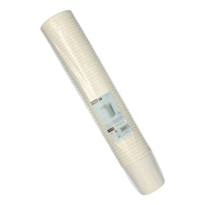 A pack of 50 round white Starpak soup cups To Go made of cardboard, wrapped in plastic and equipped with a blue and white label - perfect for environmentally friendly use at events or for takeaway.