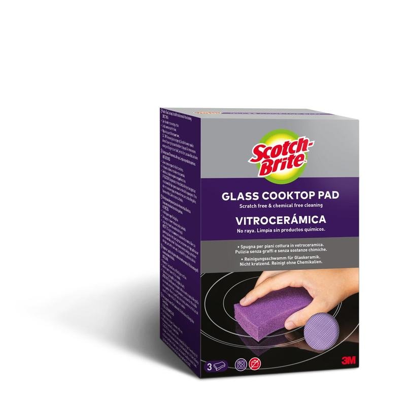 A box of 3M Scotch-Brite™ Glass Ceramic Cleaning Sponge (3 pieces) shows a hand cleaning a glass cooktop with the purple pad. The packaging states that it is scratch-free and chemical-free, ideal for glass ceramic surfaces.