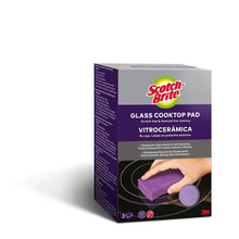 A box of 3M Scotch-Brite™ Glass Ceramic Cleaning Sponge (3 pieces) shows a hand cleaning a glass cooktop with the purple pad. The packaging states that it is scratch-free and chemical-free, ideal for glass ceramic surfaces.