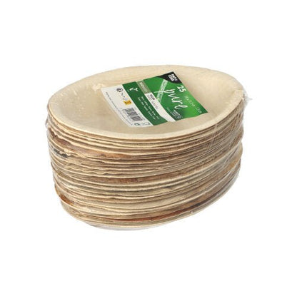 A stack of oval PAPSTAR 25 plates, palm leaf "pure" by PAPSTAR GmbH, made from biodegradable, environmentally friendly material and packaged in clear plastic with a green label with product information.