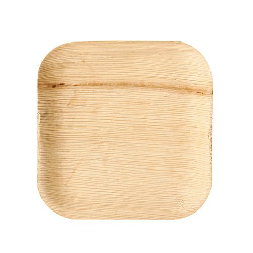The PAPSTAR 25 plate palm leaf "pure" from PAPSTAR GmbH is a square, flat, light brown palm leaf plate with rounded corners and visible grain – an eco-friendly choice for special occasions, depicted against a white background.