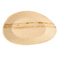Depicted is an oval, light palm leaf plate by PAPSTAR GmbH with natural grain and uneven edge on a white background; The biodegradable PAPSTAR 25 plate "pure" is stylish and environmentally friendly.