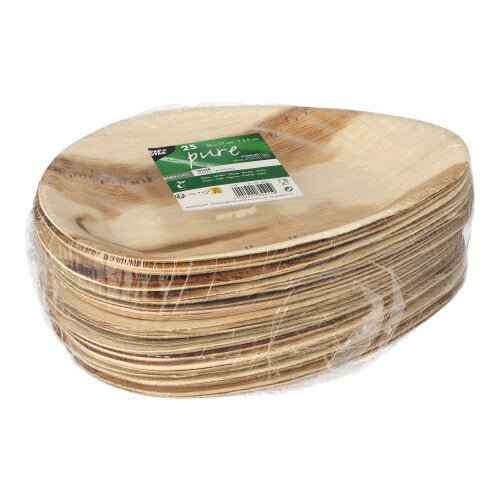 A stack of oval, biodegradable PAPSTAR 25 plate palm leaf "pure" disposable plates by PAPSTAR GmbH, wrapped in clear plastic with a green-white product label on top.