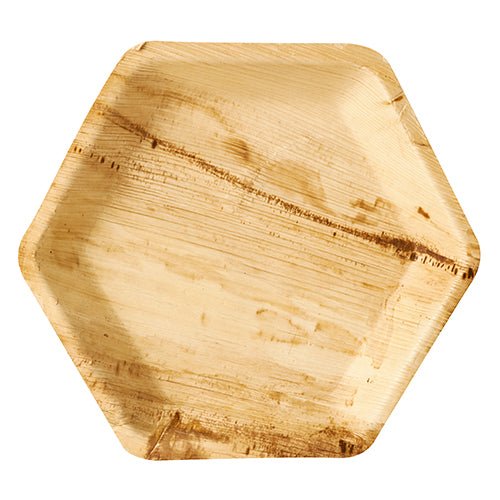 The PAPSTAR plate palm leaf "pure" hexagonal (23.5 cm) made of eco-friendly palm leaf, with natural grain-perfect as a sustainable disposable plate for any celebration. Contents: 25 pieces, shrink wrap. Brand: PAPSTAR GmbH.