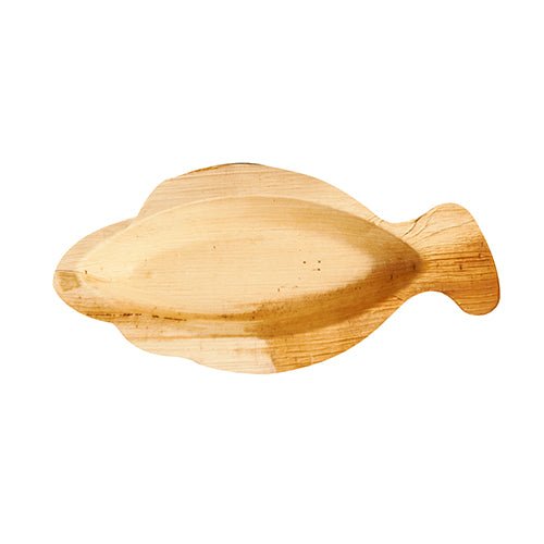 The PAPSTAR plate made from palm leaf "pure" (24x11 cm) in fish design, by PAPSTAR GmbH, is biodegradable and shows natural wood structure. Packed in shrink wrap of 25 pieces, presented on a white background.