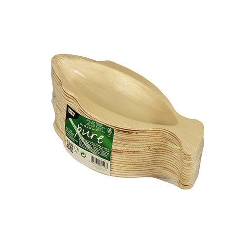 A stack of PAPSTAR palm leaf plates "pure" (24x11 cm, fish design, 25 pieces) by PAPSTAR GmbH with green and white label. The biodegradable disposable plates impress with their natural wood look.