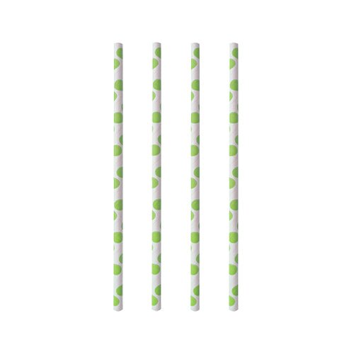 Four PAPSTAR 100 paper straws by PAPSTAR GmbH with a green pattern stand vertically on a white background - perfect sustainable straws for eco-conscious celebrations.