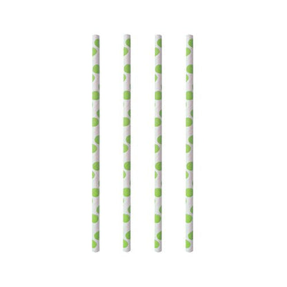 Four PAPSTAR 100 paper straws by PAPSTAR GmbH with a green pattern stand vertically on a white background - perfect sustainable straws for eco-conscious celebrations.