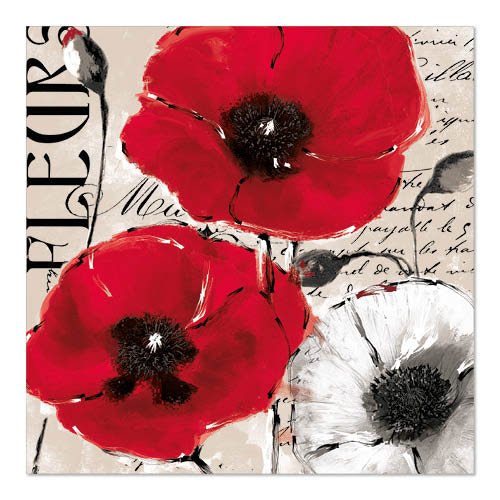 An image with three poppies - two red, one white - on a beige background with italic script and "FLEURS" on the side, perfect for PAPSTAR 20 napkins, 33x33 cm, 3-ply 1/4-fold design set 5 by PAPSTAR GmbH.