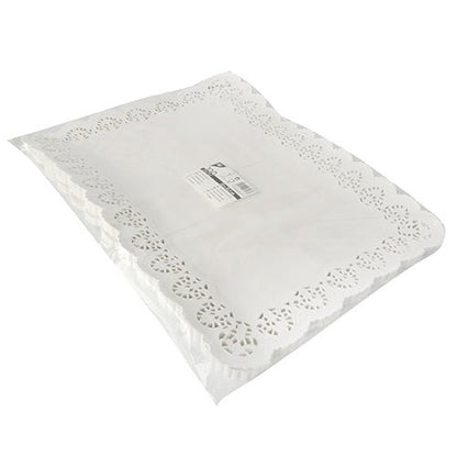 A stack of PAPSTAR 100 decorative paper doilies square, white from PAPSTAR GmbH features decorative scalloped and lace pattern edges and is neatly packaged with a barcode label – ideal as high-quality white doilies.