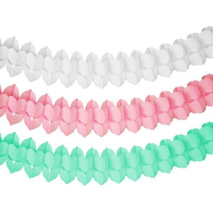 The PAPSTAR GmbH garland paper (Ø 16 cm), color assorted "Pastel", features colors white, pink, and mint green with a folded geometric pattern - a stylish choice for pastel-colored party decoration.