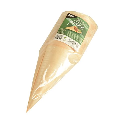 A package with 50 PAPSTAR finger food cone bags wood "pure", stacked and wrapped in clear film, with a green label by PAPSTAR GmbH with product details and an image of a serving suggestion – ideal for serving finger food.