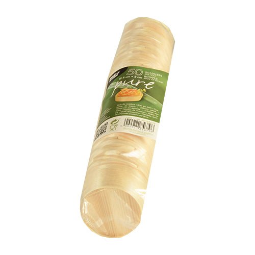 A pack of 50 PAPSTAR finger food bowls "pure" round made of wood from PAPSTAR GmbH, eco-friendly and elegant, with a green label including product information and food motif – ideal for stylish serving.