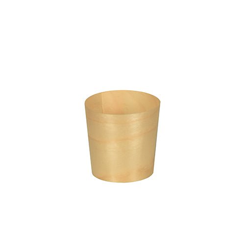 The PAPSTAR GmbH 50 finger food bowls, wood "pure" round are small, lightweight wooden cups with smooth sides – perfect as eco-friendly finger food bowls for an elegant look at any event.
