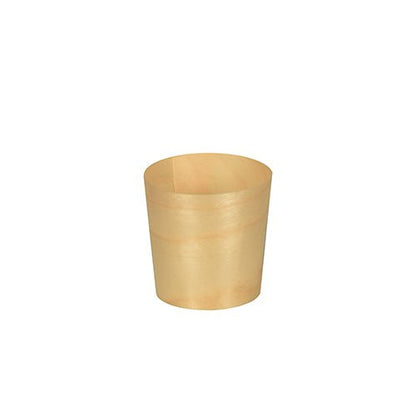 The PAPSTAR GmbH 50 finger food bowls, wood "pure" round are small, lightweight wooden cups with smooth sides – perfect as eco-friendly finger food bowls for an elegant look at any event.